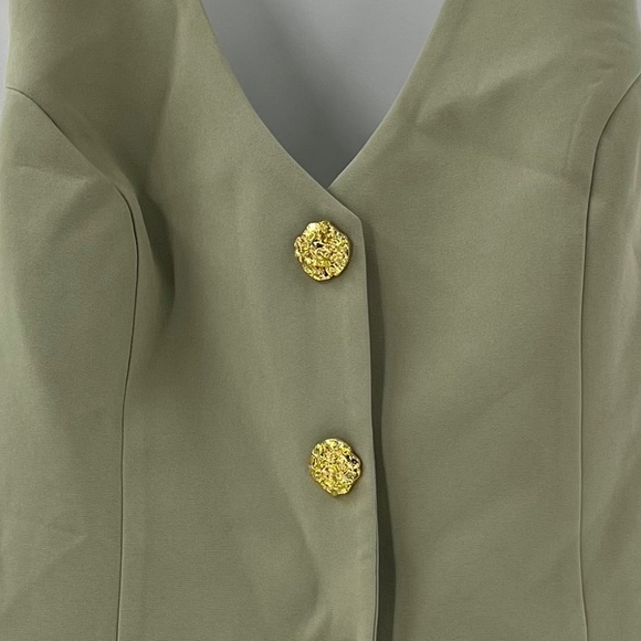 RARE LONDON TAILORED HALTERED GOLD BUTTON VEST DETAIL MINI DRESS IN OLIVE GREEN - Picture 2 of 10
